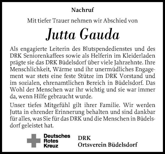 Traueranzeige von Jutta Gauda von Schleswig-Holsteinische Landeszeitung