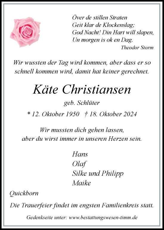 Traueranzeige von Käte Christiansen von Region Pinneberg und tip Pinneberg