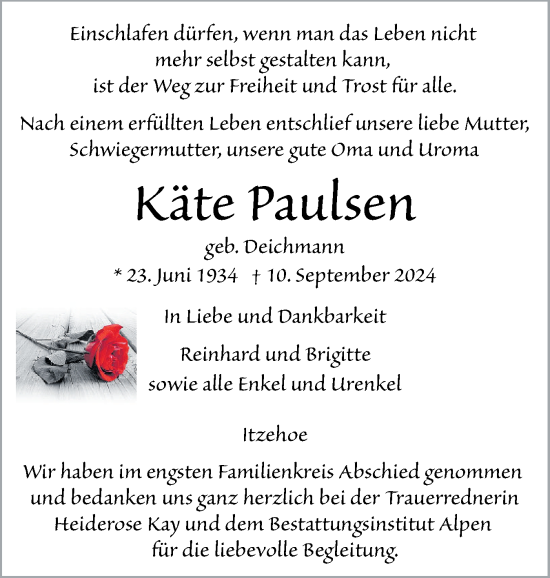 Traueranzeige von Käte Paulsen von Norddeutsche Rundschau, Wilstersche Zeitung, Glückstädter Fortuna