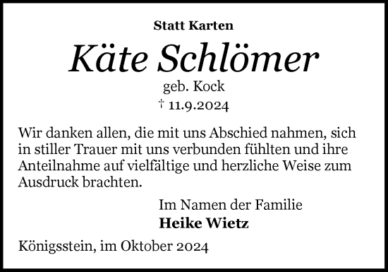 Traueranzeige von Käte Schlömer von Schleswiger Nachrichten, Schlei-Bote