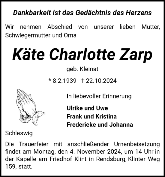 Traueranzeige von Käte Charlotte Zarp von Schleswig-Holsteinische Landeszeitung