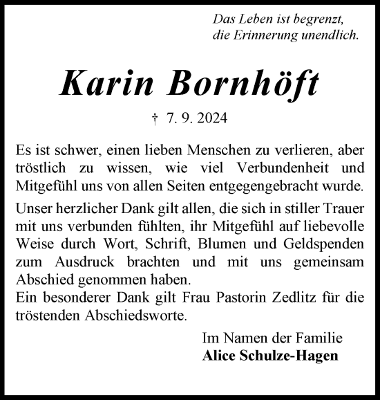 Traueranzeige von Karin Bornhöft von Schleswig-Holsteinische Landeszeitung