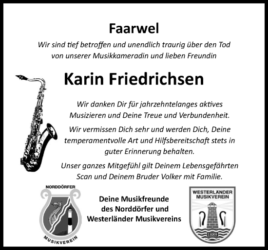 Traueranzeige von Karin Friedrichsen von Sylter Rundschau