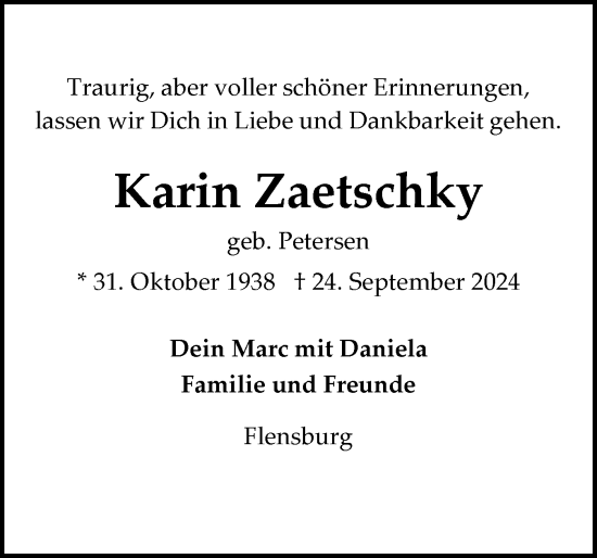 Traueranzeige von Karin Zaetschky von Flensburger Tageblatt