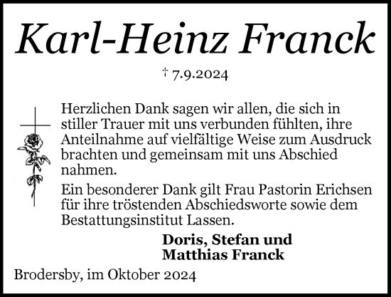 Traueranzeige von Karl-Heinz Franck von Schleswiger Nachrichten, Schlei-Bote