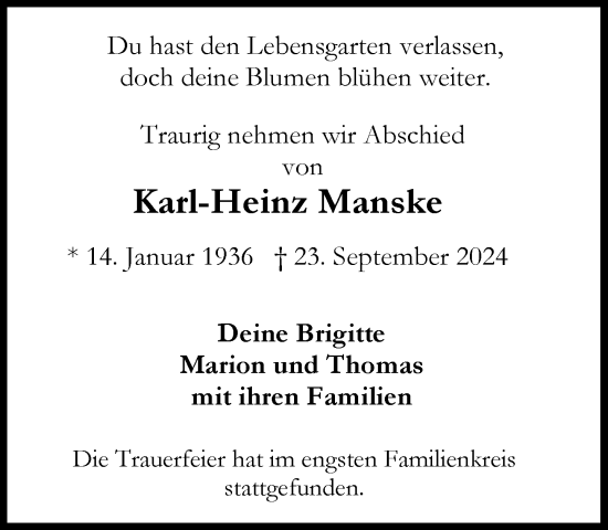 Traueranzeige von Karl-Heinz Manske von Stormaner Tageblatt