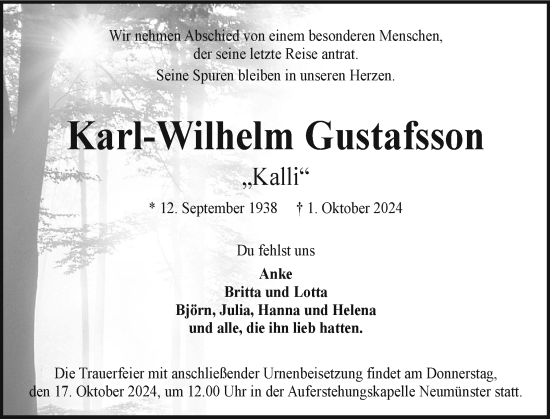 Traueranzeige von Karl-Wilhelm Gustafsson von Holsteinischer Courier