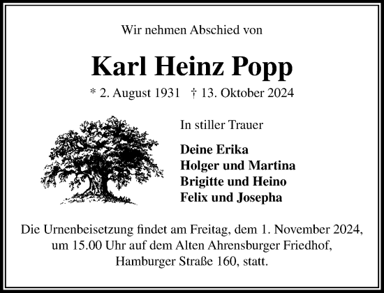 Traueranzeige von Karl Heinz Popp von Stormaner Tageblatt