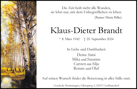 Traueranzeige von Klaus-Dieter Brandt von Stormaner Tageblatt