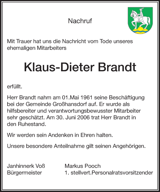 Traueranzeige von Klaus-Dieter Brandt von Stormaner Tageblatt