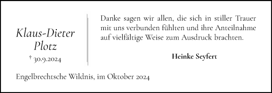 Traueranzeige von Klaus-Dieter Plotz von Norddeutsche Rundschau, Wilstersche Zeitung, Glückstädter Fortuna
