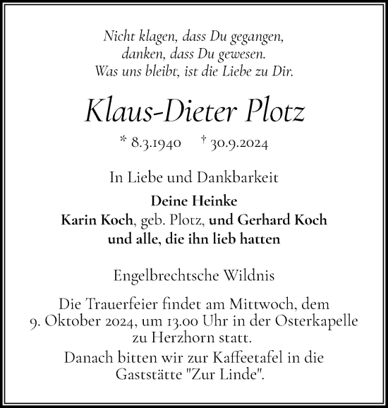Traueranzeige von Klaus-Dieter Plotz von Norddeutsche Rundschau, Wilstersche Zeitung, Glückstädter Fortuna