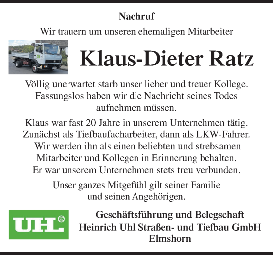 Traueranzeige von Klaus-Dieter Ratz von Elmshorner Nachrichten, Barmstedter Zeitung