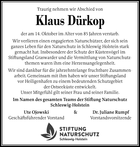 Traueranzeige von Klaus Dürkop von Region Kiel
