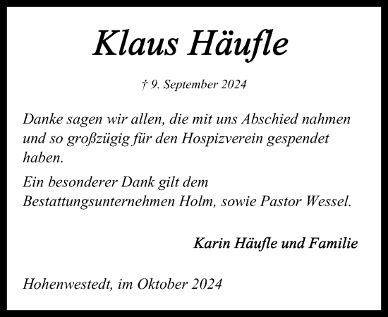 Traueranzeige von Klaus Häufle von Schleswig-Holsteinische Landeszeitung