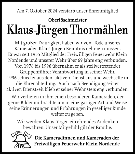Traueranzeige von Klaus-Jürgen Thormählen von Elmshorner Nachrichten, Barmstedter Zeitung