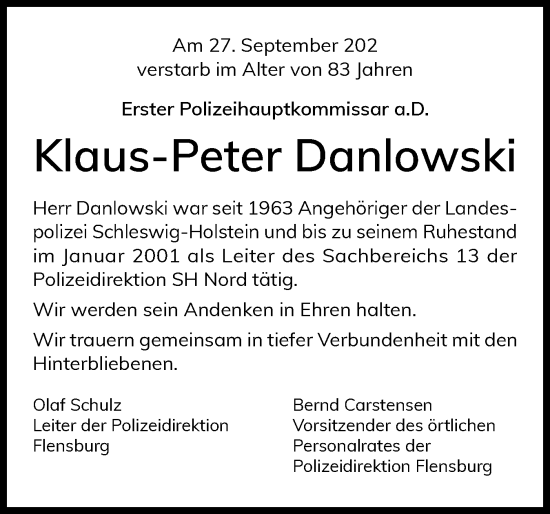 Traueranzeige von Klaus-Peter Danlowski von Flensburger Tageblatt