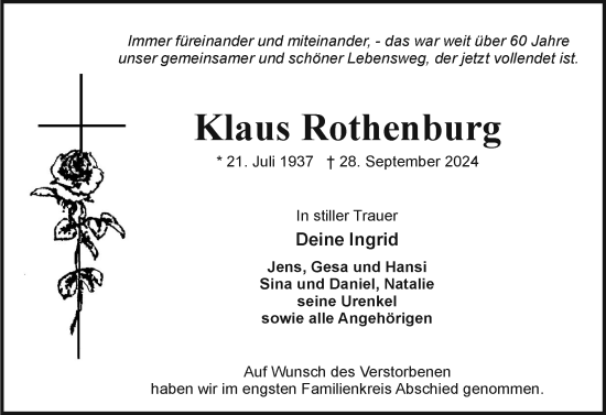 Traueranzeige von Klaus Rothenburg von Holsteinischer Courier