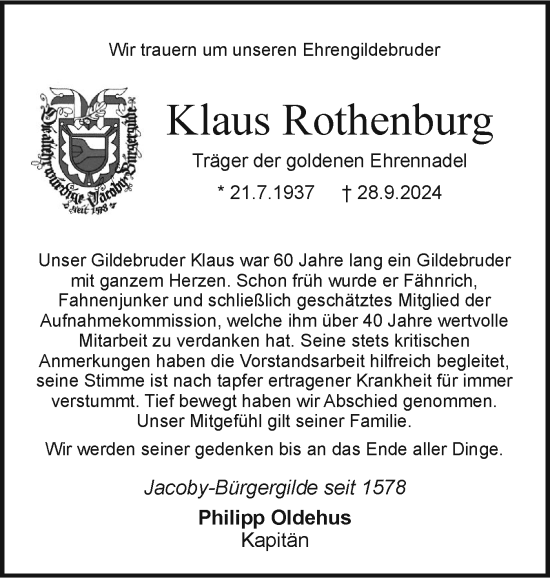 Traueranzeige von Klaus Rothenburg von Holsteinischer Courier
