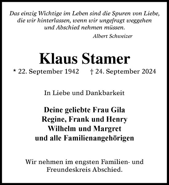 Traueranzeige von Klaus Stamer von Stormaner Tageblatt