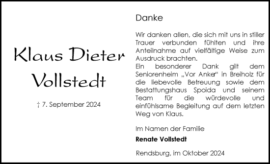 Traueranzeige von Klaus Dieter Vollstedt von Schleswig-Holsteinische Landeszeitung