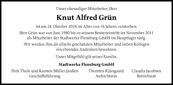 Traueranzeige von Knut Alfred Grün von Flensburger Tageblatt