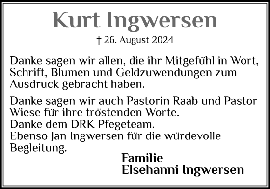 Traueranzeige von Kurt Ingwersen von Husumer Nachrichten, Nordfriesland Tageblatt