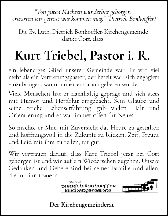 Traueranzeige von Kurt Triebel von Holsteinischer Courier