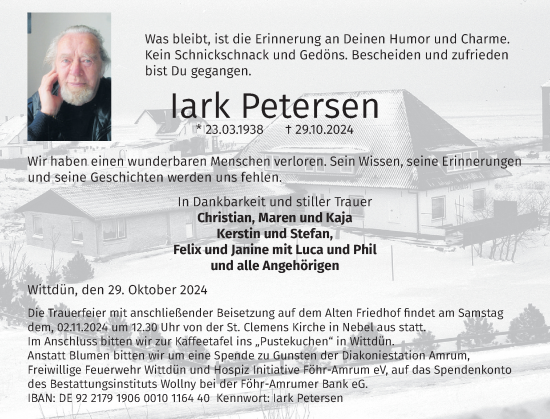 Traueranzeige von Lark Petersen von Der Insel-Bote