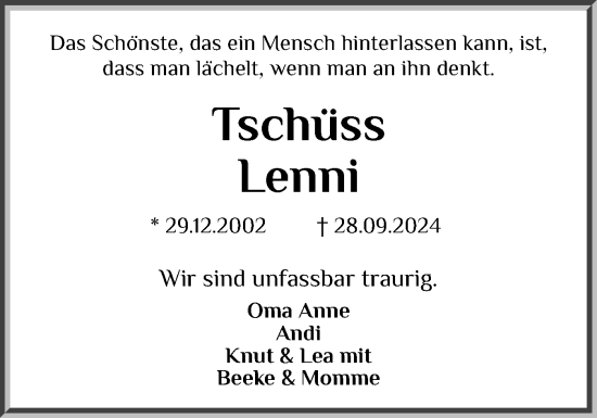 Traueranzeige von Lenni  von Schleswig-Holsteinische Landeszeitung