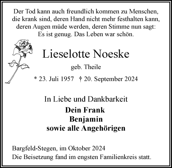Traueranzeige von Lieselotte Noeske von Stormaner Tageblatt