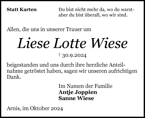 Traueranzeige von Liese Lotte Wiese von Schleswiger Nachrichten, Schlei-Bote