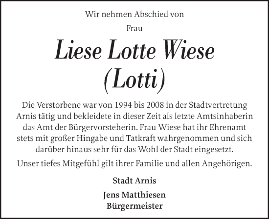 Traueranzeige von Liese Lotte Wiese von Schleswiger Nachrichten, Schlei-Bote