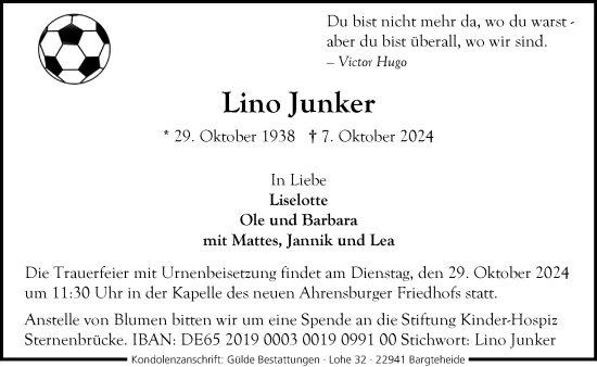 Traueranzeige von Lino Junker von Stormaner Tageblatt