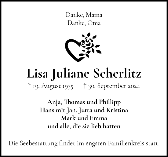 Traueranzeige von Lisa Juliane Scherlitz von Wedel-Schulauer Tageblatt, tip Wedel-Schulauer Tageblatt, tip Rissener Rundschau