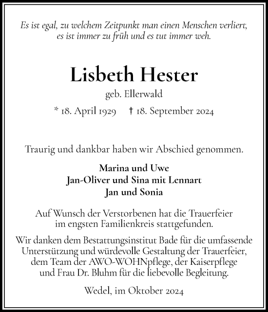 Traueranzeige von Lisbeth Hester von Wedel-Schulauer Tageblatt, tip Wedel-Schulauer Tageblatt, tip Rissener Rundschau