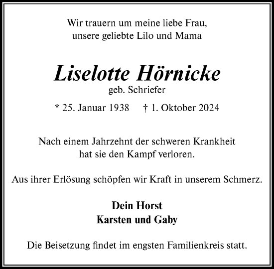 Traueranzeige von Liselotte Hörnicke von Stormaner Tageblatt