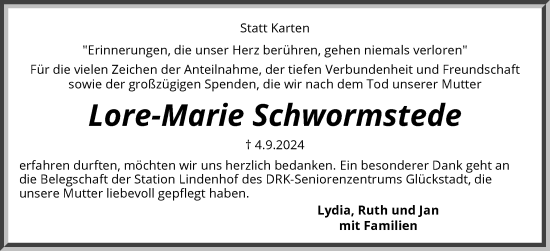 Traueranzeige von Lore-Marie Schwormstede von Region Steinburg-Elmshorn