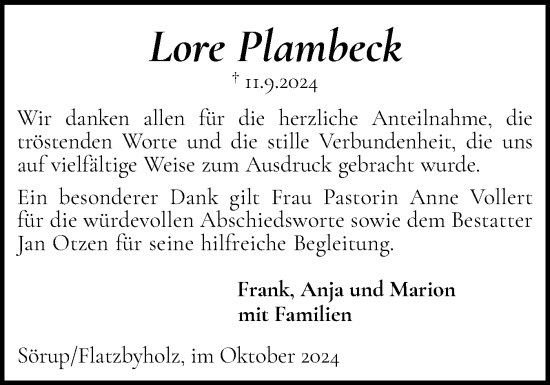 Traueranzeige von Lore Plambeck von Flensburger Tageblatt