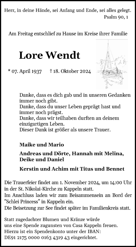 Traueranzeige von Lore Wendt von Schleswiger Nachrichten, Schlei-Bote