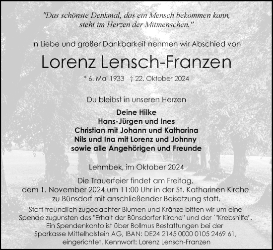 Traueranzeige von Lorenz Lensch-Franzen von Schleswig-Holsteinische Landeszeitung