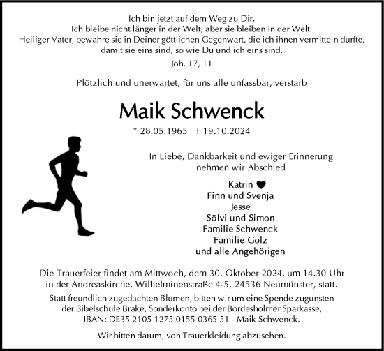 Traueranzeige von Maik Schwenck von Holsteinischer Courier