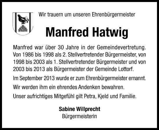 Traueranzeige von Manfred Hatwig von Schleswiger Nachrichten, Schlei-Bote