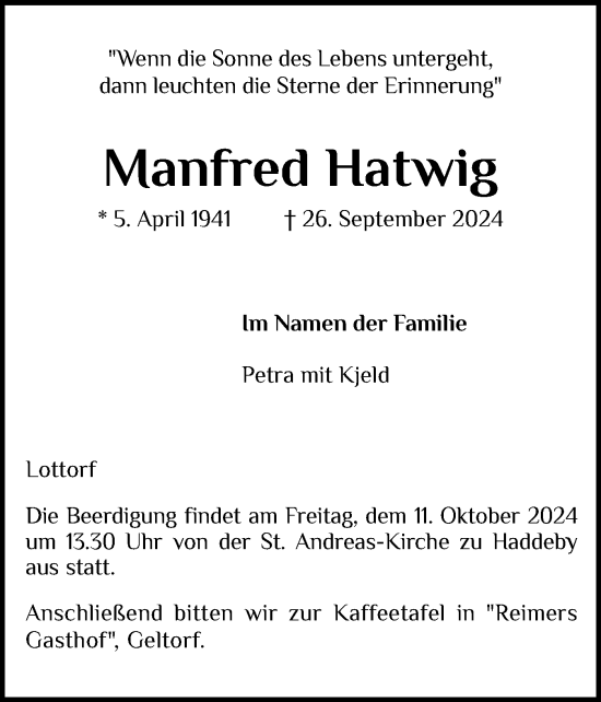 Traueranzeige von Manfred Hatwig von Schleswiger Nachrichten, Schlei-Bote