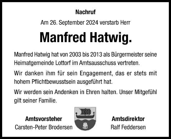 Traueranzeige von Manfred Hatwig von Schleswiger Nachrichten, Schlei-Bote