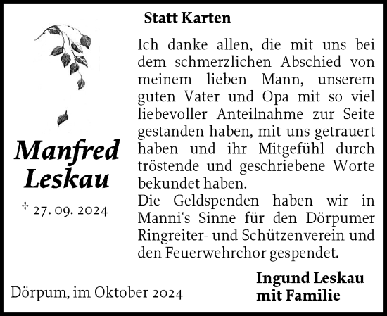 Traueranzeige von Manfred Leskau von Husumer Nachrichten, Nordfriesland Tageblatt