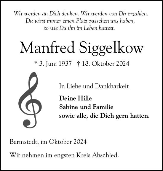 Traueranzeige von Manfred Siggelkow von Elmshorner Nachrichten, Barmstedter Zeitung