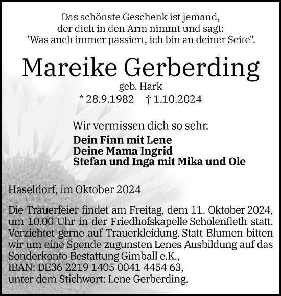 Traueranzeige von Mareike Gerberding von Schleswig-Holsteinische Landeszeitung