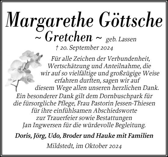 Traueranzeige von Margarethe Göttsche von Husumer Nachrichten, Nordfriesland Tageblatt