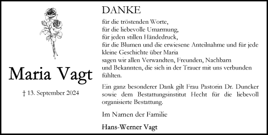 Traueranzeige von Maria Vagt von Stormaner Tageblatt